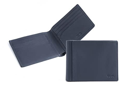 NAVA DESIGN - Portafoglio orizzontale Uomo in pelle con 8 cc, Colore Blu - Dimensioni 10 x 13 cm