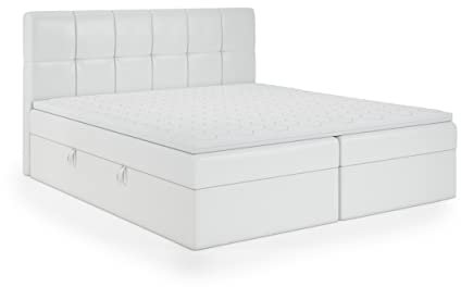 FEDVE Boxspringbett 160x200 Weiß Öko-Leder – Mokpo – Praktisches Bett mit Bettkasten – Gemütlich Kopfteil Bett mit Matratze für Viele Jahr - Stabiles Doppelbett mit Stauraum zum Schlafzimmer