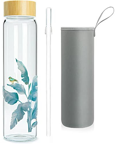 Ferexer 1l Trinkflasche Glas mit Strohhalm, Wasserflasche Glasflasche mit Bambus Deckel 1 Liter