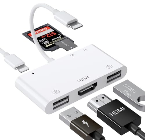 FEINODI Lightning to HDMI Adapter with USB Camera and Charging Port, SD Card Reader for iPhone, 6 in 1 Camera Adapter to iPhone, Supports MIDI Keyboard, Mouse, HD TV/Projector/Monitor, Plug & Play
