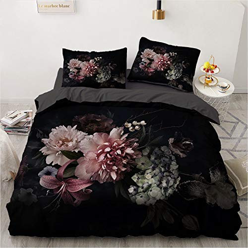 Luowei Bettwäsche Blumen 135x200cm 4 Teilig Schwarz Vintage Floral Blüten Bettbezug Set Weiche Microfaser Bettdeckenbezug und 2 Kissenbezüge 80 x 80cm für Doppelbett