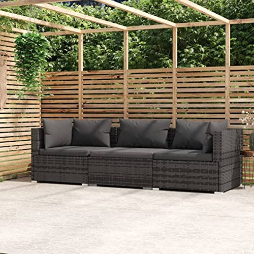 Gecheer 3-Sitzer Gartensofa mit Auflagen Loungesofa Rattansofa Gartenmöbel Mittelsofa Ecksofa Poly Rattan Grau