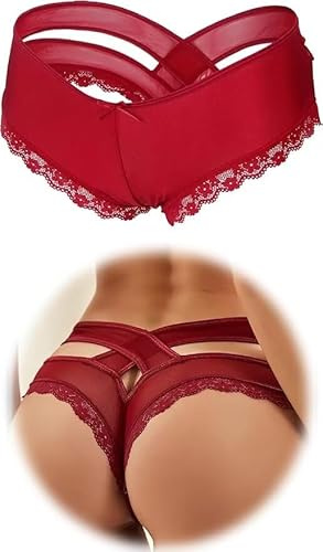 comeondear Sexy Knickers for Women, Back Hollow Out Thongs Satin Brazilian Knickers Stretchy Panties Lace Trim Underwear Valentines Lingerie Plus Size 12 14, Red