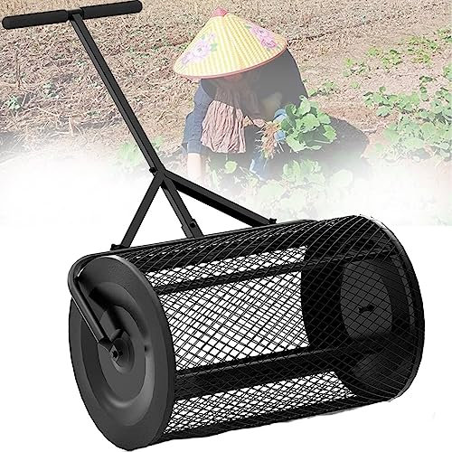 Saatgutstreuer Kompoststreuer Gartenstreuer Düngestreuer für den Rasen mit T Griff,Schwerlasttrommel Graswalze, Trommel Rasenroller für Ebenen Rasen, Garten,Black-40 * 60cm