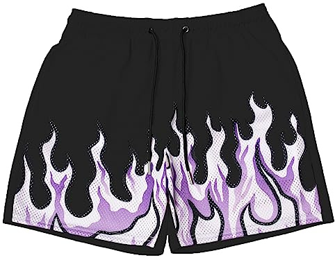 DIOTSR Mens Flame Graphic Basketball Shorts Cool Retro Running Athletic Shorts Drawstring Waist Casual Track Shorts (01 Flame-Black,Medium)