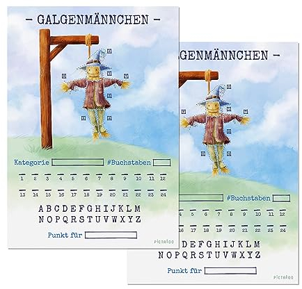 PICTALOO Galgenmännchen Spiel, Spielblock für die ganze Familie, Hangman Block DIN A5 mit 50 Seiten, freie Kategorie und Wortwahl, Urlaubsspiel Erwachsende und Kinder, Reisespiel, Familienspiel (2X)