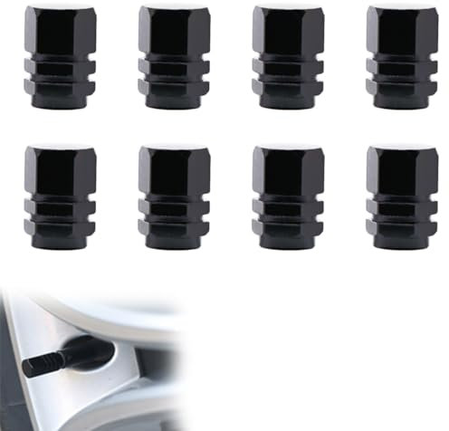 INGJIA Bouchons de Valve de Pneu[8 Pièces ],Aluminium Capuchon Antipoussière de Roue,Marqueur de Pneus de Voiture,avec Joint Hexagonal universels (Noir)