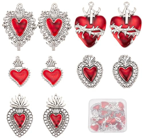 SUNNYCLUE 1 Box Mit 20 Stück Herz Anhänger Im Gothic Stil Heiliges Herz Große Menge Antikes Silber Rotes Herz Disteln Dornen Ausgefallener Emaille Anhänger Für Die Schmuckherstellung Anhänger Valentin