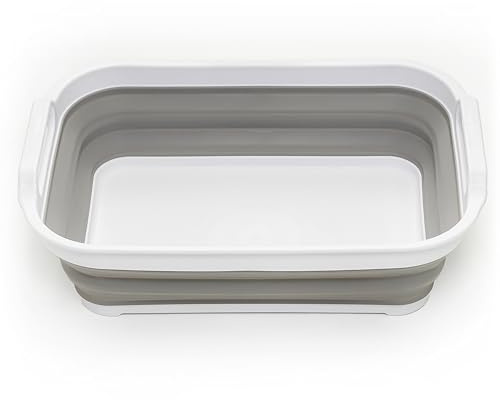 SAMMART Collapsible Tub - Foldable Dish Tub - Portable Washing Basin - Space Saving Plastic Washtub (Size M, White/Grey)