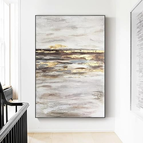 Gerahmter Leinwanddruck, Wandkunst, Panorama, breites Blattgoldgemälde, abstraktes dekoratives Gemälde, nordische luxuriöse moderne Gemälde, 70 x 100 cm/(28 x 40 Zoll) mit schwarzem Rahmen