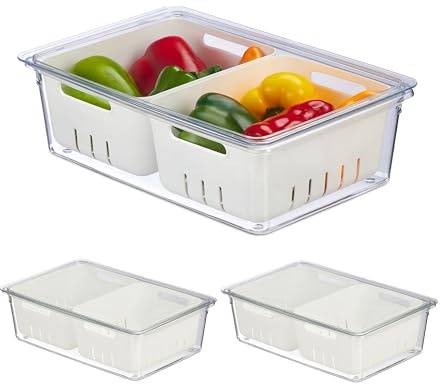 Relaxdays Kühlschrank Organizer, 3er Set, stapelbar, 2 Abtropfkörbe, Lebensmittel Organizer mit Deckel, transparent/weiß