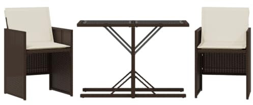 vidaXL Bistro Set 3-TLG., Gartenmöbel mit Kissen Tisch und 2 Stühle, Gartengarnitur Platzsparend, Garten Balkon Terrasse Möbel, Braun Poly Rattan