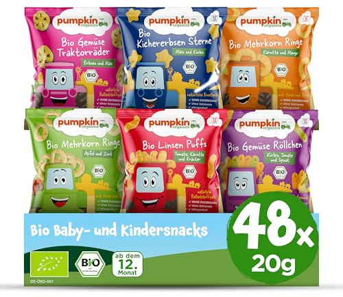 Pumpkin Organics Kindersnack Bestseller (6x8er Pack) Baby Snacks ohne Zusatzstoffe ab dem 12. Monat - allergenfreie² und glutenfreie³ Knuspersnacks für Kinder - 6 verschiedene Sorten (48x20g)