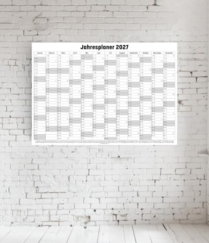 ahresplaner 2027, Kalender im Format DIN A1 (841x594mm), DIN A2 (594x420mm), DIN A3 (420x297mm), DIN A4 (297x210mm). Wandplaner mit viel Platz für Beschriftungen (A3 (297x420mm))