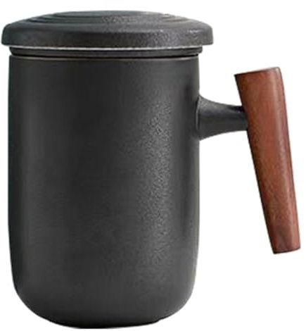 Jarsense Taza de té de cerámica con infusor y tapa, 400 ml, mango de madera, taza de café para oficina, hogar y taza (negro)