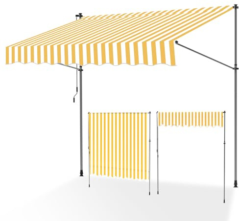 ISOISL Klemmmarkise 300 cm breit, Balkonmarkise mit Handkurbel, UV-beständig, Höhenverstellbar, Sonnenschutz und Wasserdicht Markise Balkon ohne Bohren für Balkon Terrasse Garten(Gelb Weiß)