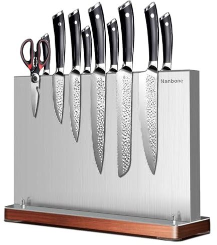 Magnetic Knife Block Stand Without Knives Double Sided Magnetic Knife Holder Rack for Kitchen Counter Stainless Steel Knife Magnetic Strip Display Stand Storage Organizer with Wood Base