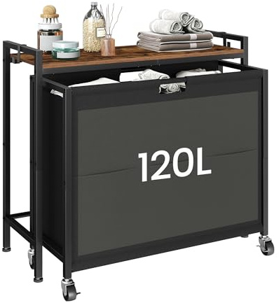 CHOEZON Wäschekorb, Wäschesammler mit Ablage, Wäschewagen, Wäschebox, Wäschesortierer mit 3 * 40 L Oxford-Fächer und 3 Seitentaschen, für Waschküche, Badezimmer, Rustikales Braun und Schwarz DTXY01BF