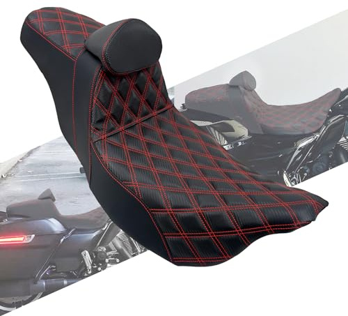 HCmotorku Motorradsitz Motorrad Fahrer Beifahrer Einteiler Sitz Soziuspolster Doppelsitzkissen Fit für Harley Touring Road King Street Glide Electra Glide 2009-2023 Rote Naht