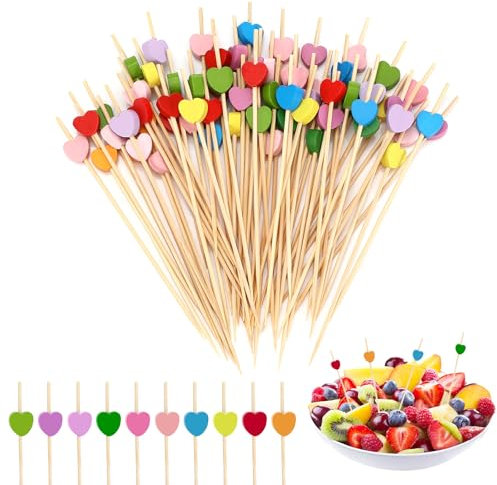 Sprifityy 100 Piezas Decoración de Cóctel, 12cm Palos de Cóctel, Brochetas de Madera Para Aperitivos, Corazones Palillos de Cóctel, Palillos de Madera Para Cócteles, para Bar, Cumpleaños y Fiestas
