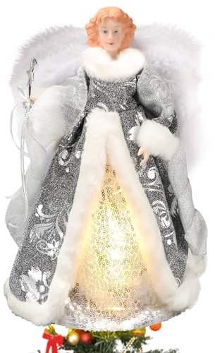 Weihnachtsengel Baumspitze, 32 cm Hoch Engel Christbaumspitze Weihnachtsbaumspitze Engel mit Feder Flügeln Weihnachtsengel Deko Weihnachtsbaumspitze mit Warmgelbe Lichterkette, Ohne Batterien (Silber)