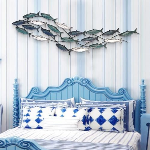 Wanddekoration, Ozean-Metallfisch, große 3D-Fisch-Wandskulptur, Metall zum Aufhängen, Schwarm von 20 Fischen, Wandkunst für Wohnzimmer, Schlafzimmer