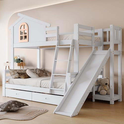 Gegtuon Kinderbett Bett 90x200 & 120x200 cm für Kinder, Hochbett Etagenbett mit 2 Stauraum Schubladen, Hausbett mit Leiter und Rutsche, Bettgestell mit Lattenrost und Fenster, ohne Matratze, Weiß