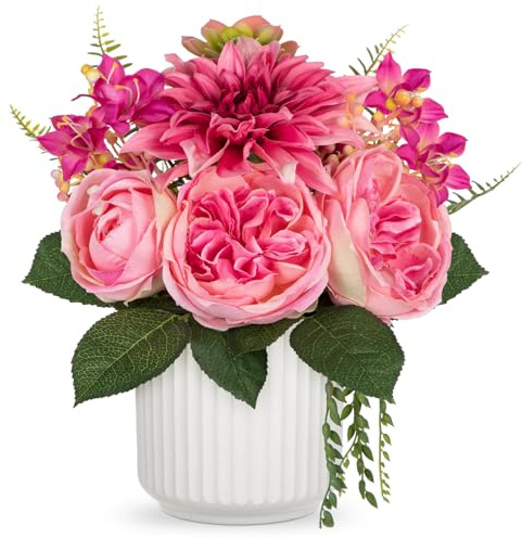 Oairse Dahlia Artificial Flower Arrangement in Ceramic Vase 18.1 Tall Faux Floral Centerpiece with Pink Silk Dahlias Eucalyptus Fake Potted Flowers for Home Office Table Shelf Autumn Decor