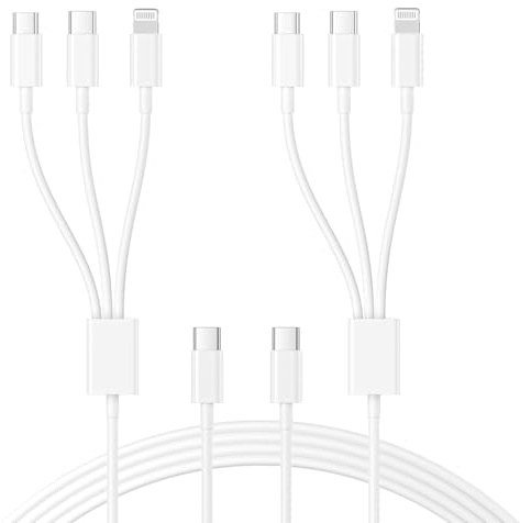 Paquete de 2 cables USB C de 6 pies, carga múltiple con puerto Tipo C y L&C | Cable de carga USB C con puerto Type C&C&Lightning para iPhone 17/16/15/14/13, iPad Pro, MacBook y Samsung Galaxy S26/25/24