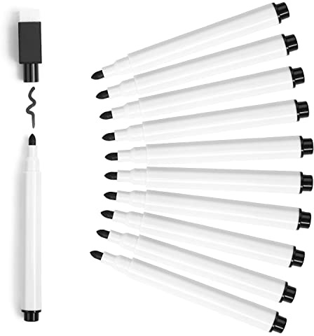 SULOLI Whiteboard-Marker, magnetisch, 10 Stück, Whiteboard-Marker mit Radierer, schwarzer magnetischer Kugelschreiber, trocken abwischbar, für Zuhause, Schule oder Büro