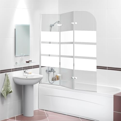 Ollewiellan Paroi de douche pour baignoire, 120 x 140 cm, en 3 parties, pliable, avec verre de sécurité ESG de 6 mm, bandes blanches, paroi de baignoire en verre avec accessoire de baignoire