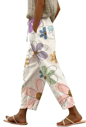 Generisch 7/8 Hose Damen Sommer Leicht Capri Leinenhose Sommerhose Baumwolle Leinen Stoffhose Lockere Lässig High Waist Strandhose Mit Taschen Freizeithose Elegant Haremshose Für Frauen
