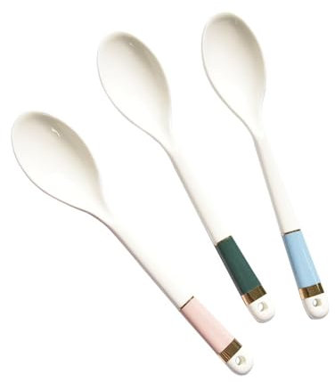 QUSYZD Cuchara de Postre de cerámica con Mango Largo, Juego de 3 cucharas de Porcelana con Tres Mangos, Cuchara para Comer postres, Aperitivos, Cuchara de Comedor, S,S