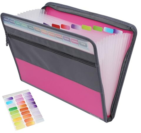 Clasificadores Carpetas de Acordeón, Extensible Carpeta Clasificadora de Cremallera, A4 Carpeta Archivadora Organizador de Archivos con 13 Bolsillos y Etiqueta de Color (Rosado)