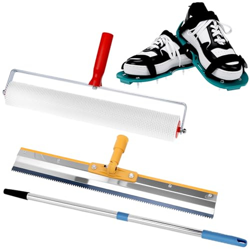 QWORK® Self-Levelling Cement Tool Kit, Epoxy Spike Shoes, 0.4-1.6m Telescopic Rod,50cmRoller Brush(Tooth Height 13mm),Stainless Steel Scraper