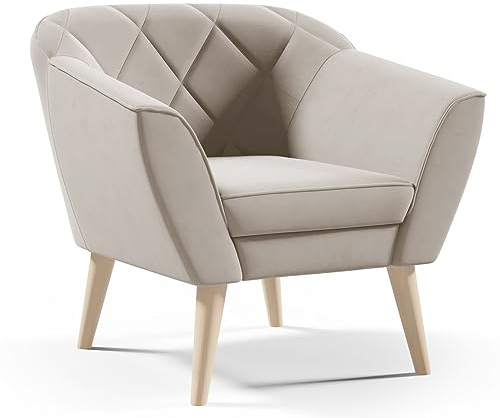 Sofello Gloria aus Samt Sessel für Wohnzimmer moderner Sessel mit Holzbeinen (Manila 03 - beige)