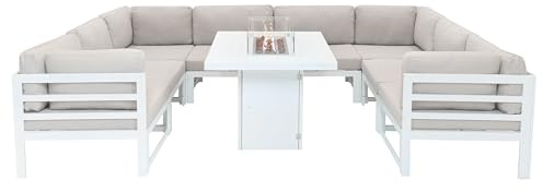 Modulärt Trädgårdsmöbelset Stort Vit 8-sitsigt U-format Kuddar Soffa & Bord med Gas Eldstad 9-delad Lounge Möbel Aluminium för Utomhus Terrass Altan Möbelgrupp GRATIS Vattentätt Regnskydd