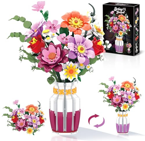 Flower Bouquet Building Set for Adult - 1278PCS Artificial Flowers Botanical Collection with Dual-Color Vase, Roses, Sunflower, Daisy, Gift for Women,Teens Home & Office Decor Christmas Valentines