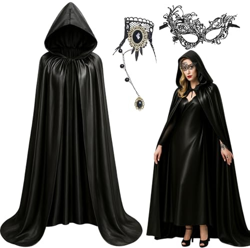 3 Stück Halloween Kostüm Damen Set - schwarzer umhang mit kapuze 175cm*1+ Maske*1+ Gothic Finger Kette*1, Halloween Kostüm Umhang, Vampir Kostüm Damen, Für Hexe, Vampirin, Maskenball & Cosplay