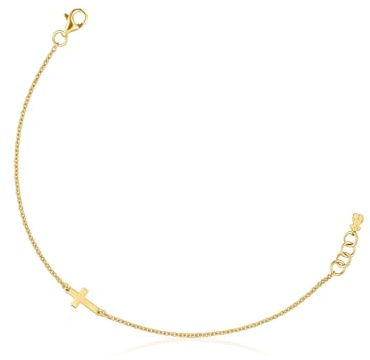 TOUS Pulsera Cadena para Mujer con Baño de Oro 18 Kt Sobre Plata y Motivo Cruz, 17.5 Cm de Largo, Colección Motivos