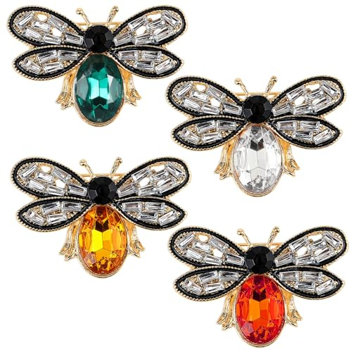 Bee Brooch Pin, 4 Pcs Rhinestone Honey Bee Brooches for Women Vintage Crystal Insect Themed Lapel Pins Stylish Accessories for Women MenParty Dating Daily (White, Yellow, Red, Green)