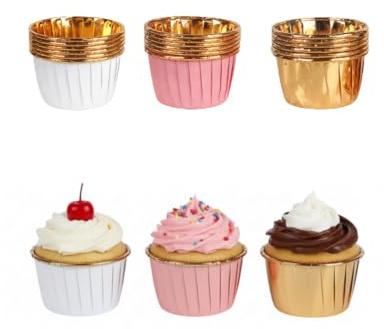 150 Pcs Foil Baking Cups, Tulip Muffin Cases for Baking, Mini Loaf Cake Holders, Elegant Gold Pink Rose Gold Baking Cups