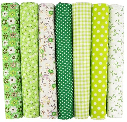 Raheem 7 Stück 50×50 cm Baumwollstoff Patchwork Set Florale, karierte, gepunktete, Pflanzenmuster, Handarbeitsstoff, Nähstoff, Ideal für Nähen, Quilten, Basteln, Puppenkleidung, Home Decor (Grün)