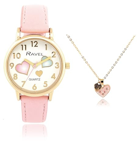 Ravel - Conjunto de Regalo Little Gems para Niñas con Reloj Dorado y Collar de Corazón - Cuarzo Analógico - R2232.5 - Rosa