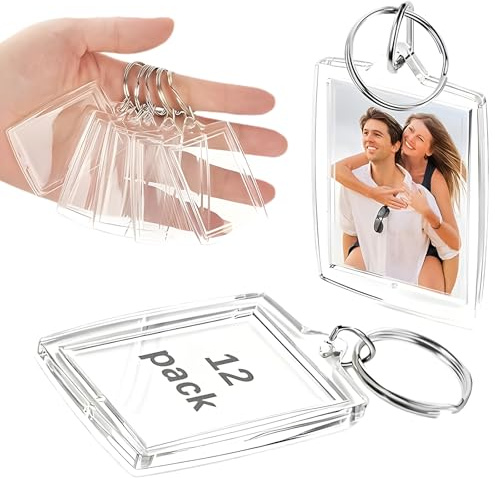 FrostyFlair Porte-clés photo en acrylique, 12 pièces porte-clés clair pour photos 4.6x3.2cm, DIY porte-photo personnalisé avec anneau