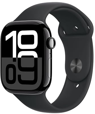 Apple Watch Series 10 (GPS + Cellular 46 mm) Smartwatch mit Aluminiumgehäuse in Diamantschwarz und Sportarmband in Schwarz, S/M (Generalüberholt)