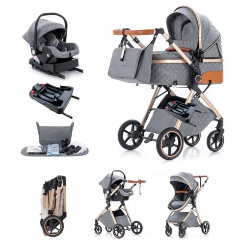 Kakbgee 3 in 1 Kinderwagen, Buggy Faltbar, 7-höhenverstellbarem Griff | Babyschale & Base, 4-Rad Federung, Regenschutz, Moskitonetz, Kombikinderwagen für Neugeborene 0-3 Jahre (15kg), Subgrau