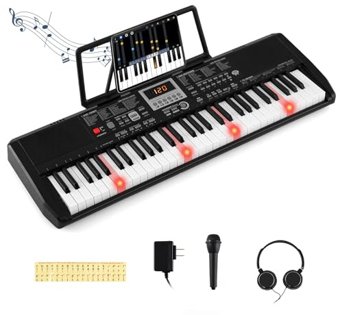 COSTWAY 61 Tasten Keyboard Piano, Digitalpiano mit Mikrofon, Kopfhörer & Notenaufkleber, E-Klavier mit 200 Rhythmen, 200 Klangfarben & 70 Demos, E-Piano für Kinder & Erwachsene, Schwarz