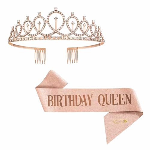 3 Stück Geburtstagskrone Schärpe Set mit Sicherheitsnadel Strass Geburtstag | Krone Tiara Verstellbare Geburtstagskönigin Schärpe mit Glitzer für Mädchen Roségold