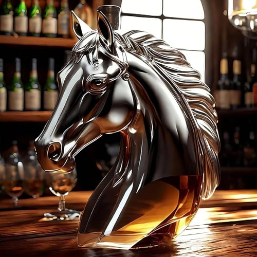 decantatore, 350 ml, divertente scultura 3D a forma di testa cavallo, statuetta unica in vetro for bottiglie whisky e vino, perfetti decanter for in regalo